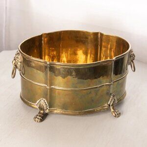 Vintage Large Brass Oval Planter with Lion Head Details